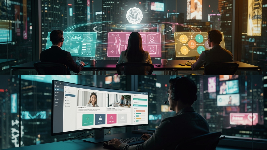 Integração com ERP: O Guia Completo para EAD — Um diagrama de blocos interconectados representando diferentes departamentos de uma empresa (Finanças, RH, Vendas) ligados a um bloco central com a logo 