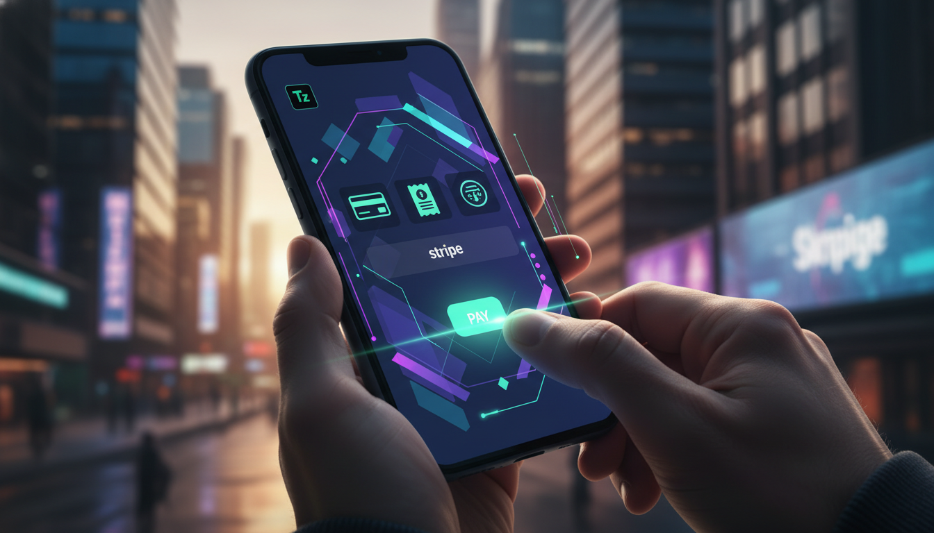 Integração com Stripe: O Guia Completo para Educação Corporativa — Close-up fotorrealista de um smartphone exibindo a interface de pagamento da Stripe integrada em um aplicativo de educação corporativ