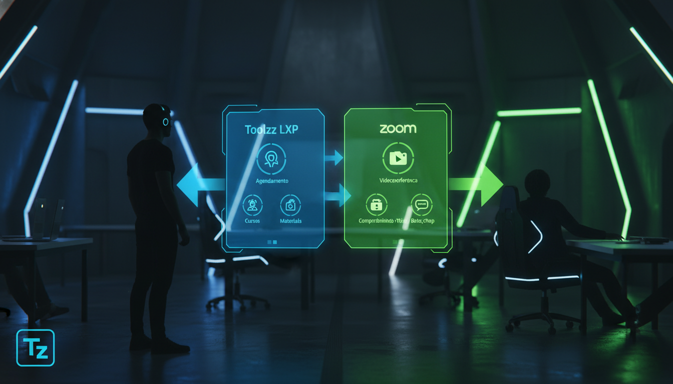 Integração com Zoom: Guia Completo para EAD — Um diagrama visual mostrando a integração entre a plataforma Toolzz LXP e o Zoom. No lado esquerdo, a interface da Toolzz LXP com opções de agendamento, c