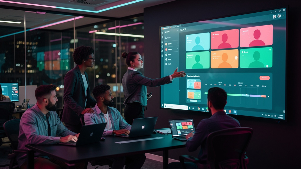 Integração com Zoom: Guia Completo para EAD — Um escritório moderno com uma tela grande exibindo uma plataforma de EAD integrada ao Zoom. Vários funcionários interagem com a plataforma em seus laptops