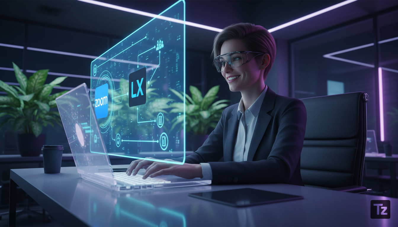 Integração com Zoom: Guia Completo para Educação Corporativa — Um administrador de TI sorrindo enquanto configura uma integração entre o Zoom e a plataforma Toolzz LXP em seu laptop. A tela do laptop 