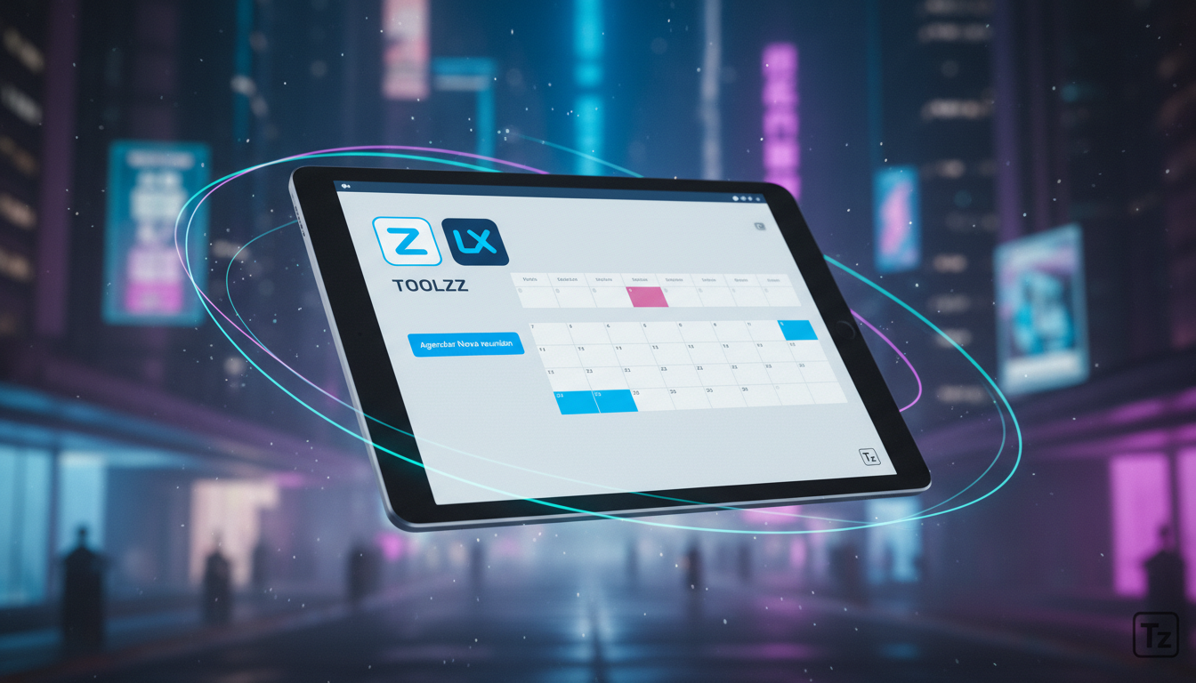 Integração com Zoom: Guia para Educação Corporativa — Close-up de um tablet exibindo a interface da Toolzz LXP integrada ao Zoom. A tela mostra opções de agendamento simplificado de reuniões, com o lo