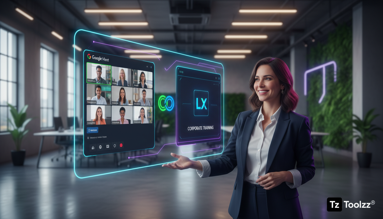 Integração Google Meet: Guia para Educação Corporativa — Um instrutor corporativo sorrindo, gesticulando em frente a uma tela grande que exibe o Google Meet integrado a uma plataforma de educação onli