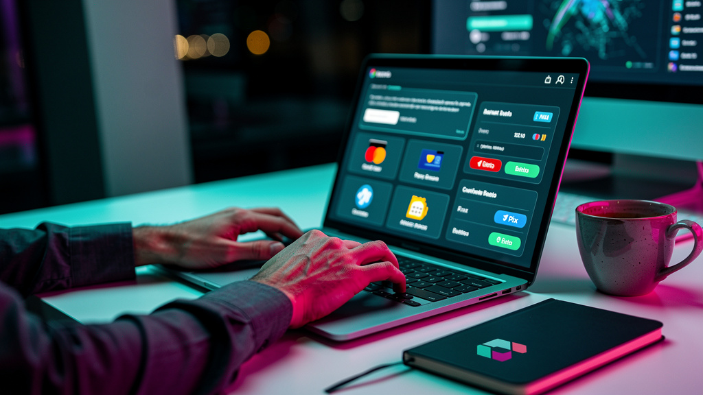 Integração Pagar.me: Guia para Educação Corporativa — Um close-up das mãos de um gerente de RH usando a interface do Pagar.me em um laptop para configurar opções de pagamento para cursos corporativos.