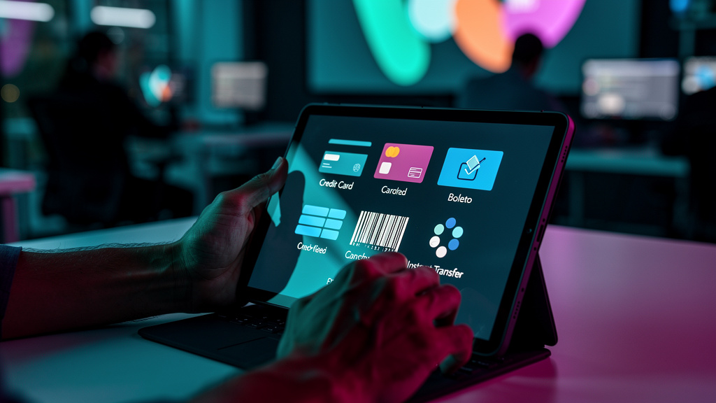 Integração Pagar.me: Guia para Educação Corporativa — Um close-up das mãos de uma pessoa usando um tablet para se inscrever em um curso online. A interface do aplicativo mostra um formulário de pagame