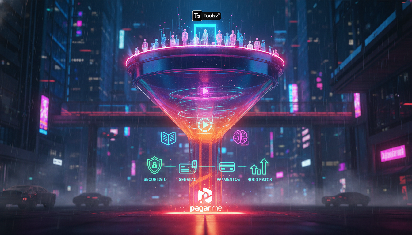 Integração Pagar.me: O Guia Completo para EAD — Ilustração de um funil de vendas estilizado, representando a jornada do aluno em uma plataforma de EAD. O topo do funil representa o acesso inicial, o m