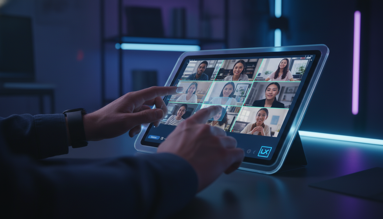 Integração Zoom em LXP: 7 formas de otimizar o aprendizado em 2026 — Um close-up das mãos de um aluno interagindo com uma interface de plataforma LXP em um tablet. A interface mostra um feed de vídeo 