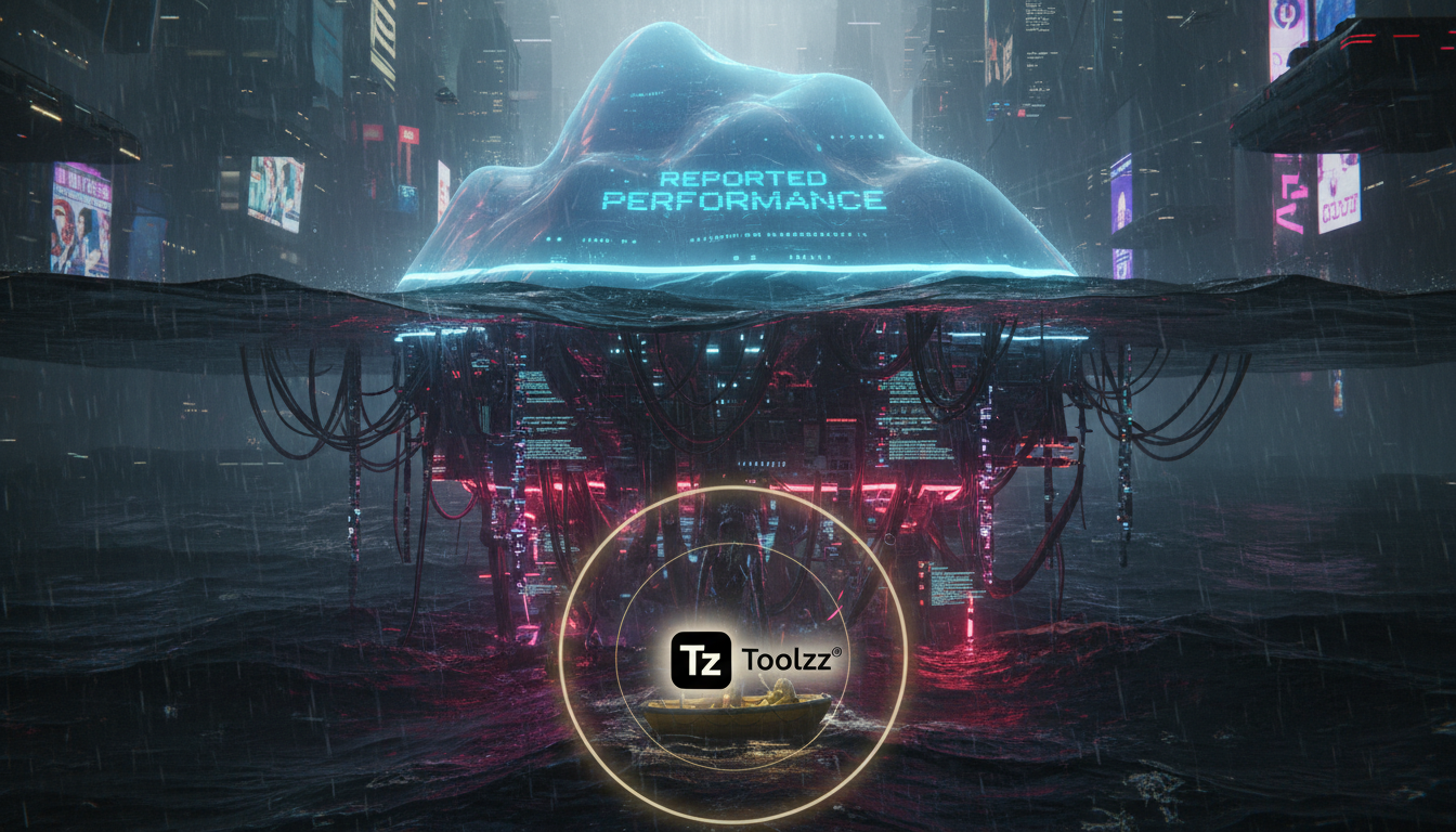 Integridade da IA: Desafios e Soluções para um Futuro Confiável — Uma ilustração digital mostrando um iceberg. A parte visível acima da água representa o 'desempenho relatado' de um modelo de IA, enqu