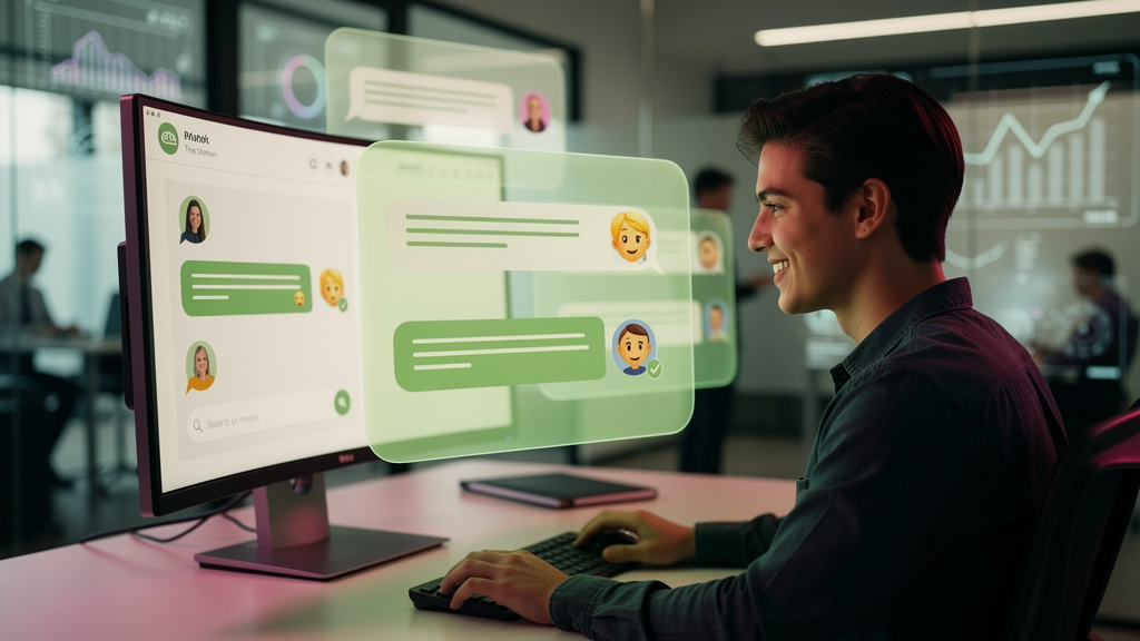 Inteligência Artificial para Empresas: Guia Prático e Aplicações — Um chatbot de atendimento ao cliente com uma interface amigável, exibindo o logo Toolzz sutilmente integrado no design. O chatbot est