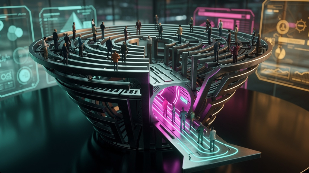 Inteligência Artificial para Vendas: Guia Completo — Um close-up de um funil de vendas estilizado como um labirinto intrincado, com miniaturas de avatares de clientes percorrendo o caminho. Destaque e