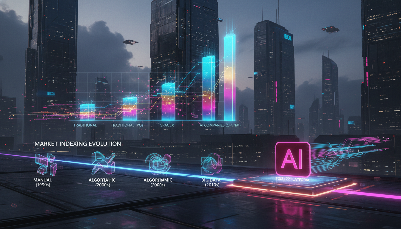IPOs Bilionários e a Revolução da IA: O Que Esperar? — Um diagrama infográfico em duas partes. Parte superior: Um gráfico de barras comparando o tempo de indexação de IPOs tradicionais versus IPOs de 