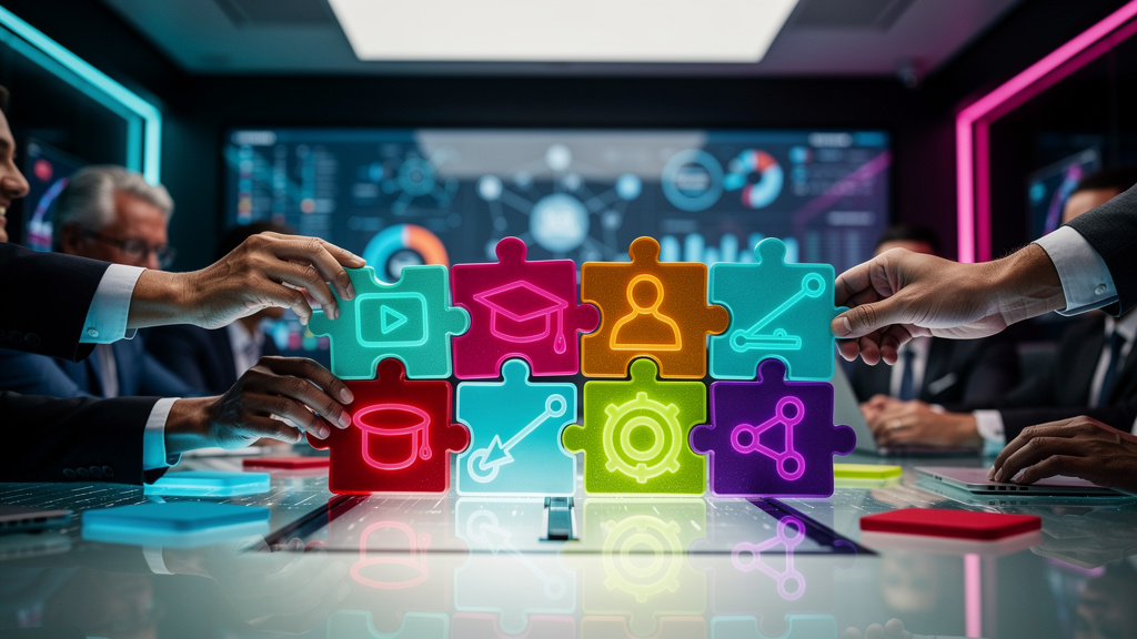 KPIs Essenciais para Medir o Sucesso de LXP em Educação Corporativa — Um quebra-cabeça gigante sendo montado por diversas mãos, cada peça representando um módulo de aprendizado diferente. Cada peça do