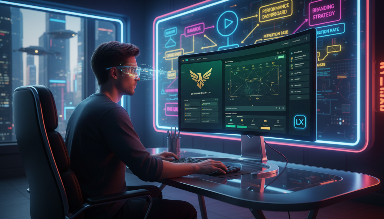 KPIs essenciais para medir sucesso de Whitelabel LXP — Um designer trabalhando em um mockup de LXP whitelabel em seu computador. A tela exibe a interface da plataforma sendo customizada com as cores, 