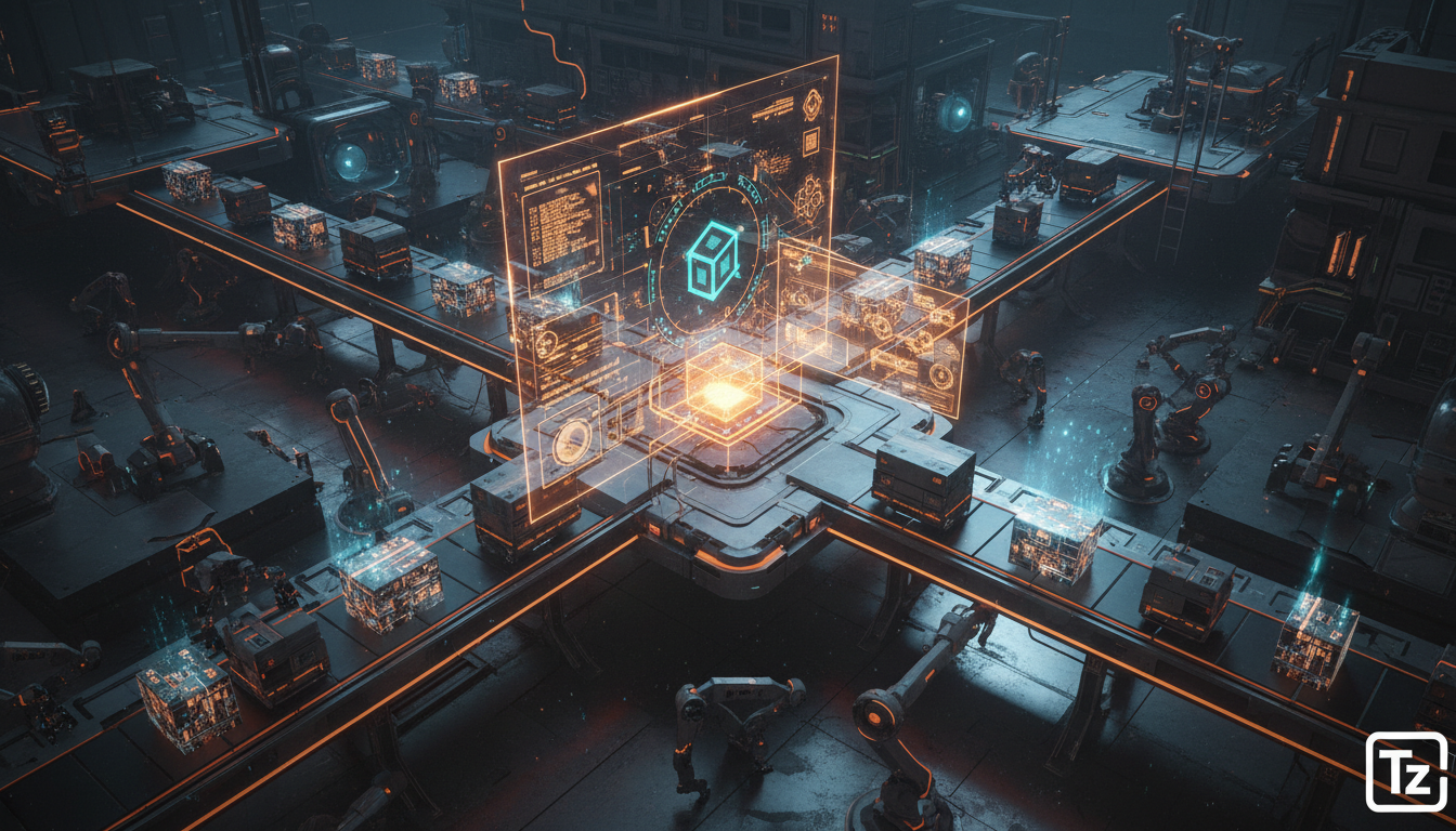 Kuberna Labs: O Futuro da Execução Descentralizada para Agentes de IA — Visão aérea de um armazém futurista onde robôs autônomos embalam e expedem produtos, coordenados por uma interface holográfica c