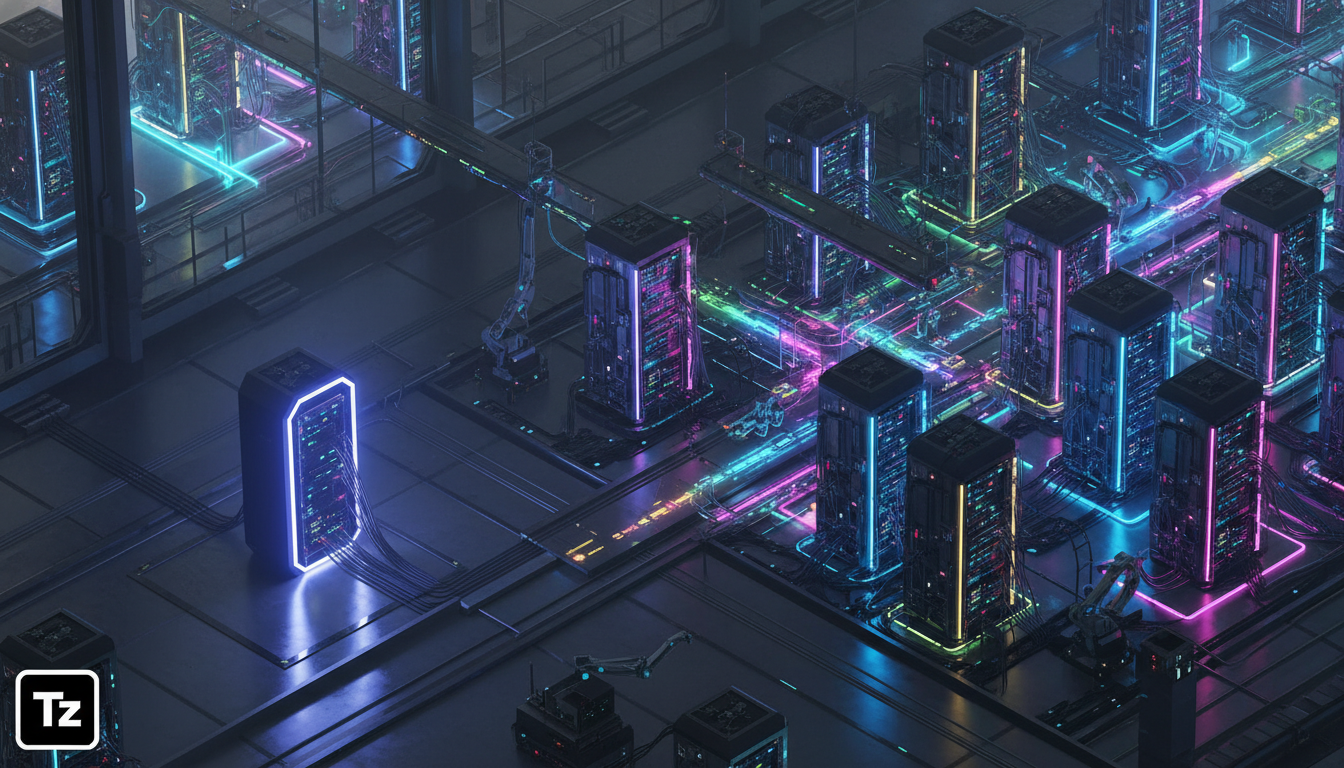 LangGraph em Produção: Do Protótipo ao Microserviço — Uma vista aérea de um data center moderno, com luzes vibrantes piscando em servidores. Visualização em perspectiva isométrica, mostrando a transiç