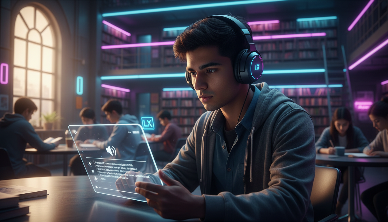 Legendas Automáticas: o que são, como funcionam e por que importam — Um estudante usando fones de ouvido em uma biblioteca movimentada, concentrado em um tablet. As legendas do vídeo que ele assiste s