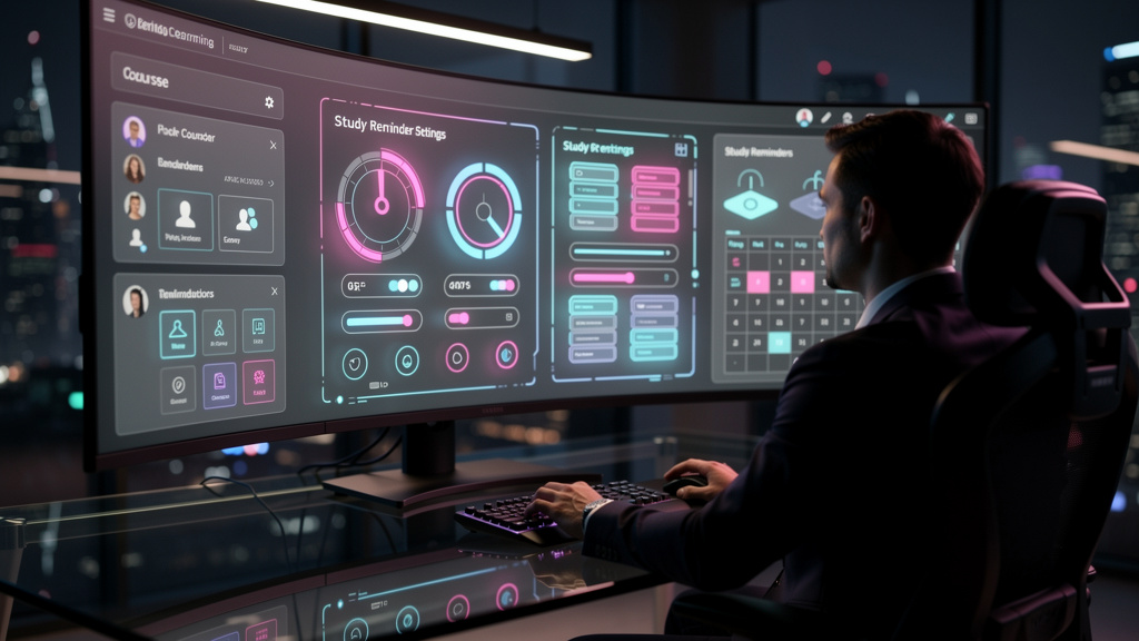 Lembretes de Estudo: Como Impulsionar o Aprendizado? — Ilustração de um painel de controle de uma plataforma de educação corporativa, com destaque para a seção de configuração de lembretes. Mostra opç