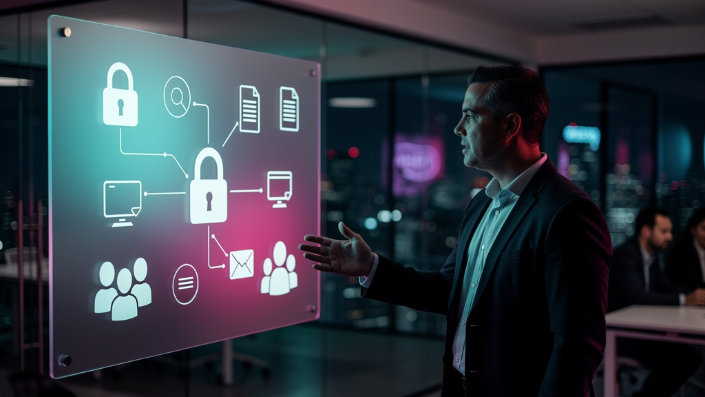 LGPD Compliance: Guia para Educação Corporativa — Um instrutor de treinamento corporativo, em um ambiente de escritório moderno e minimalista, gesticula em direção a um painel digital que exibe a sigl