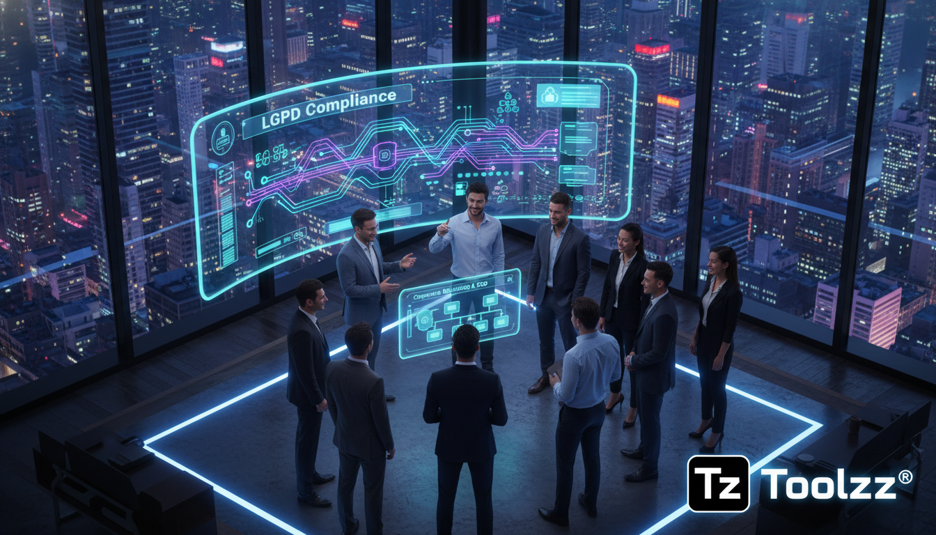 LGPD Compliance: Guia para Educação Corporativa e EAD — Ilustração isométrica de um escritório moderno e minimalista. Em uma tela grande, um diagrama visual da LGPD Compliance sendo explicado para col