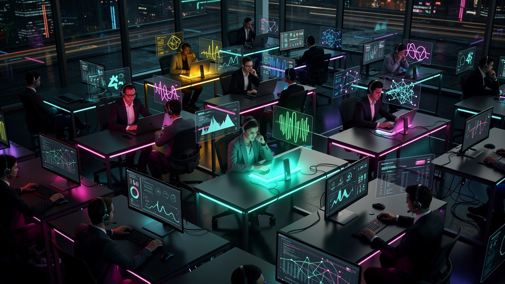 Ligação de Voz com IA: O Futuro do Atendimento e Vendas — Um call center movimentado, visto de cima, com agentes usando headsets. Sobre cada agente, pequenas janelas flutuantes exibem algoritmos e dad