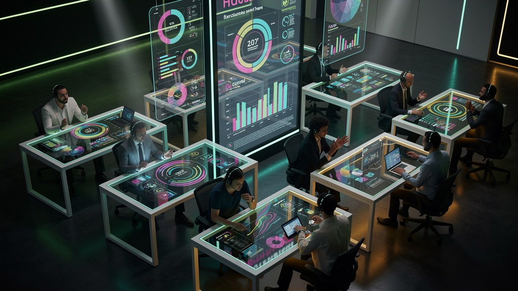 Ligação de Voz com IA: O Futuro do Atendimento e Vendas — Visão isométrica de um escritório moderno. Em vez de computadores tradicionais, os funcionários estão trabalhando em mesas interativas que exi