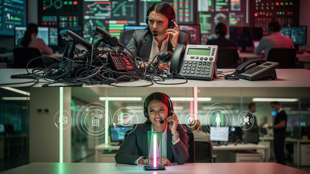 Ligações de Voz com IA: O Futuro do Atendimento e Vendas — Um diagrama visual comparando um sistema de IVR tradicional (complexo, com muitos menus) e um agente de voz com IA (interface limpa e intuiti