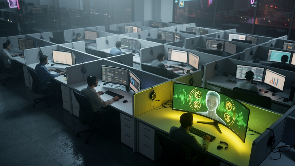Ligações de Voz com IA: O Futuro do Atendimento e Vendas — Visão aérea de um escritório de call center tradicional, com várias mesas e atendentes trabalhando em computadores. Uma luz forte e focada il