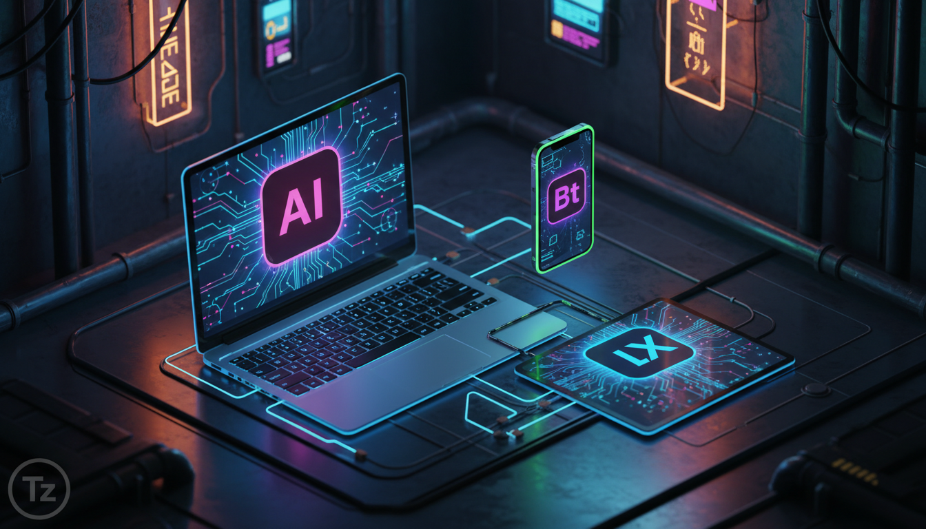 Llamafile v0.10.0: A Revolução da IA Local e Personalizada — Visão isométrica de vários dispositivos (laptop, celular, tablet) interconectados, cada um executando o Llamafile v0.10.0 com diferentes mo