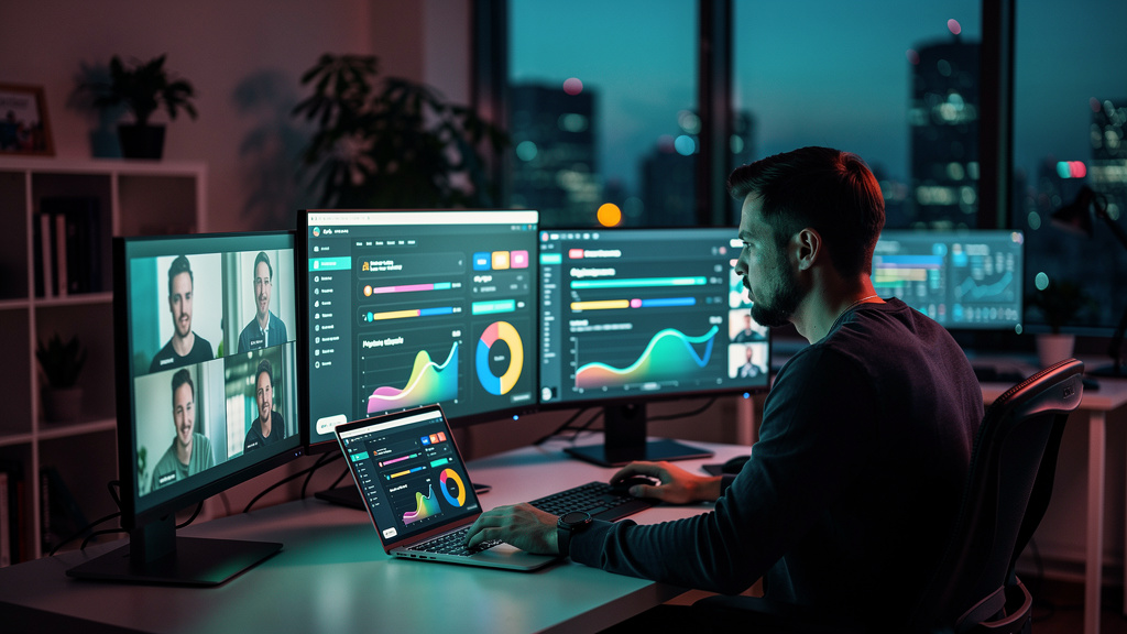 LMS e Educação Corporativa: Previsões de Especialistas para 2026 — Um empreendedor digital, em um escritório moderno e minimalista, cercado por telas que exibem dados e métricas de treinamento. Ele es