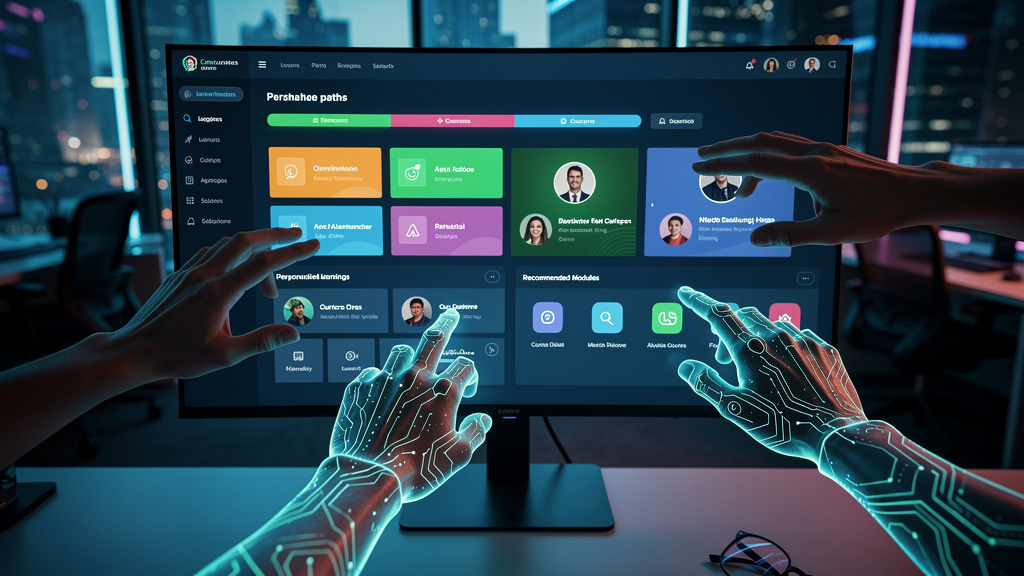LMS e IA: Personalização e Eficiência na Educação Corporativa — Uma tela de computador mostrando a interface de um LMS moderno. A interface é limpa e intuitiva, com diversas opções de cursos, trilhas 