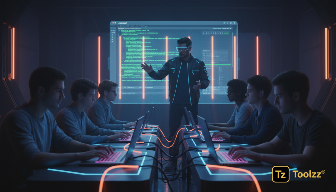 Looseleaf: Notebooks Python Leves para Desenvolvimento e Aprendizado — Ilustração de um instrutor conduzindo um workshop de programação Python para um grupo de alunos em uma sala de aula moderna. O in