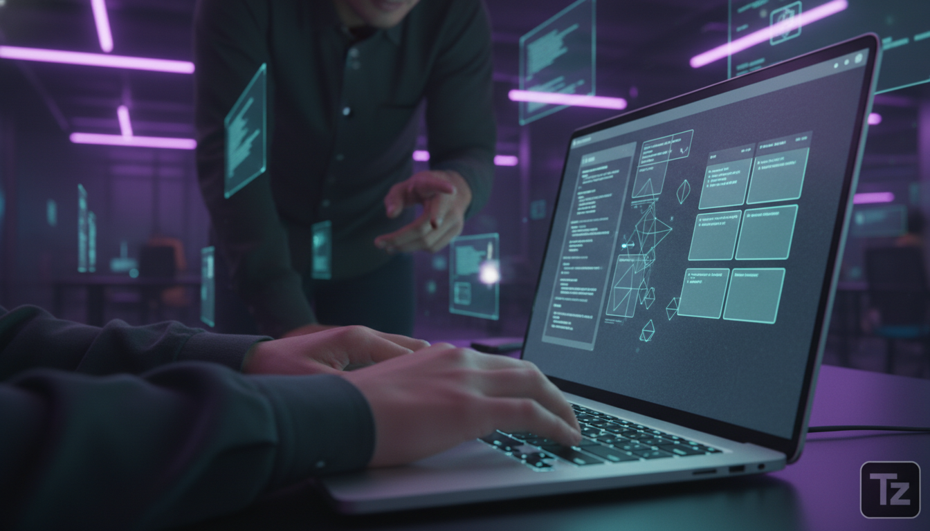 Looseleaf: Notebooks Python Minimalistas e o Futuro da Educação Corporativa — Um close-up das mãos de um analista de dados júnior digitando código Python em um notebook Looseleaf. A tela do laptop mos