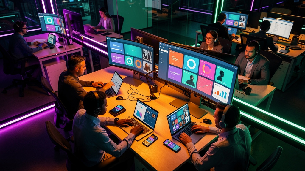 LXP: A Plataforma que Transforma a Educação Corporativa — Visão aérea de um escritório moderno e vibrante. Os funcionários estão sentados em grupos, cada um usando um dispositivo diferente (laptop, ta