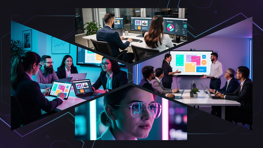 LXP e Educação Corporativa para Escolas de Idiomas: o que é, como funciona e por — Um mosaico de fotos mostrando diferentes perfis de colaboradores de uma escola de idiomas (professores, coordenadores