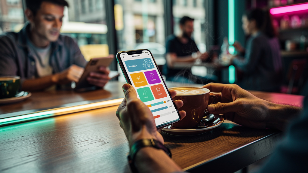 LXP e o futuro do trabalho — Um close-up das mãos de um colaborador usando um smartphone para acessar um curso de microlearning da Toolzz LXP durante sua pausa para o café. O ambiente é um café modern