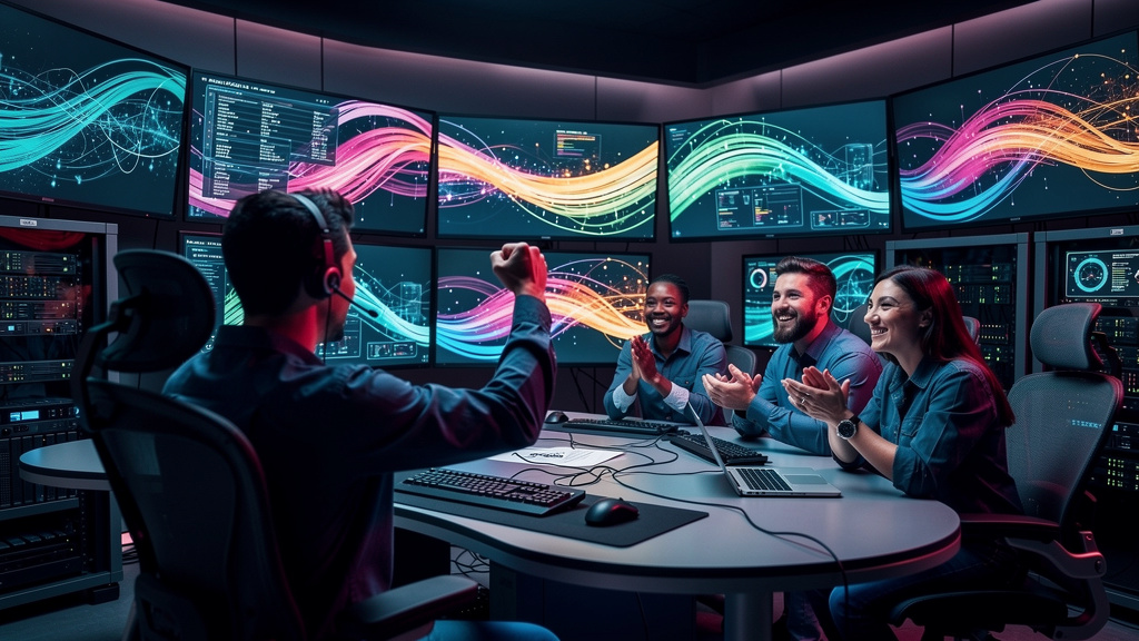 LXP e o futuro do trabalho — Um time de especialistas em migração de dados, reunidos em uma sala de controle moderna com telas exibindo fluxos de dados coloridos e complexos. Eles estão sorrindo e com