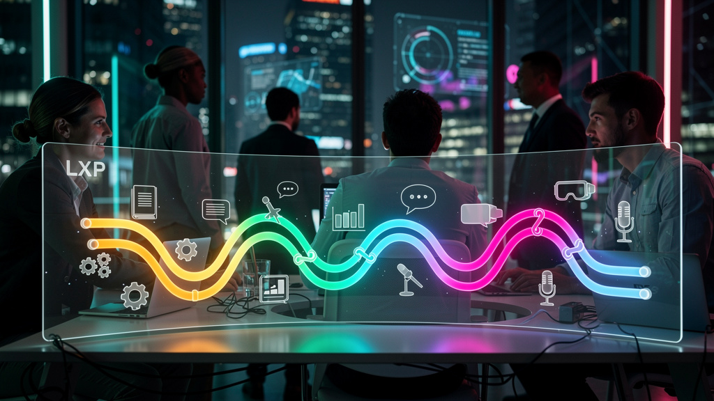 LXP: O que é e como a Plataforma de Experiência de Aprendizagem revoluciona o Tr — Ilustração digital de um painel de controle de LXP exibindo trilhas de aprendizado personalizadas para diferentes fun