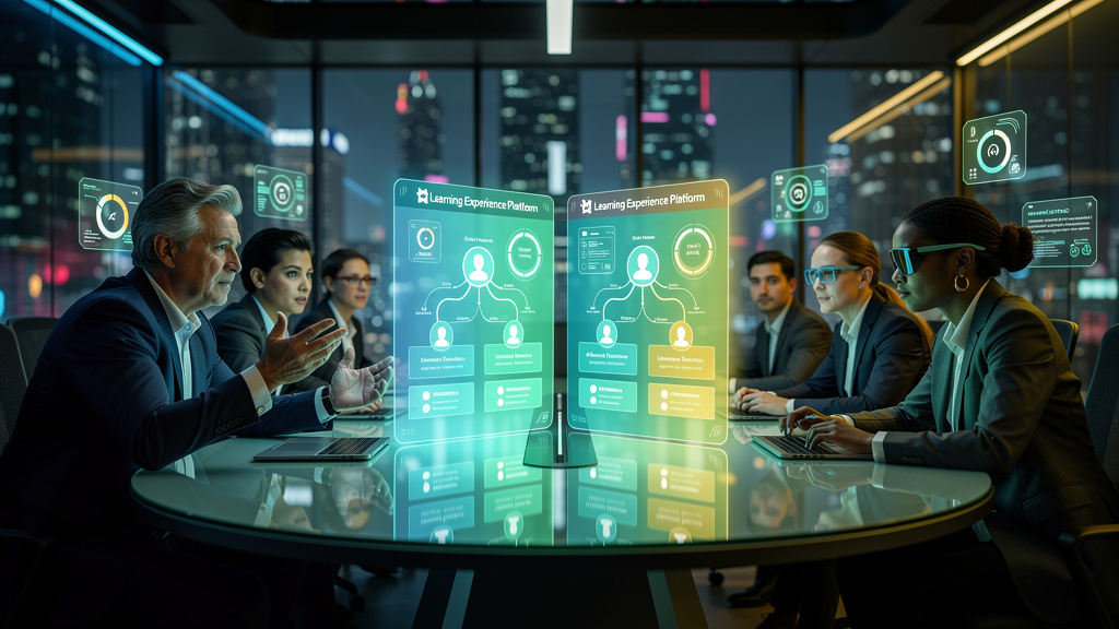 LXP Toolzz vs Wisetail: Qual Plataforma de Educação Corporativa Vale Mais a Pena — Illustration of a diverse group of employees interacting with a holographic Learning Experience Platform (LXP) interf