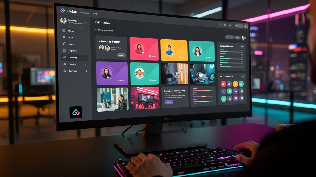 LXP Whitelabel: Previsões de Especialistas para 2026 — Close-up em um monitor exibindo uma plataforma LXP whitelabel. A interface é customizada com o logo, cores e fontes de uma empresa fictícia (ex: 