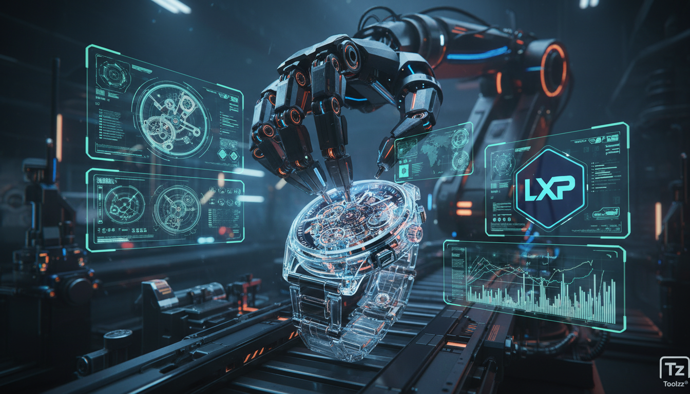 Manipulação Robótica de Precisão: Aprimorando a Inteligência Física com RL — Ilustração digital de um braço robótico montando um intrincado relógio de pulso em uma linha de produção futurista. Vários 