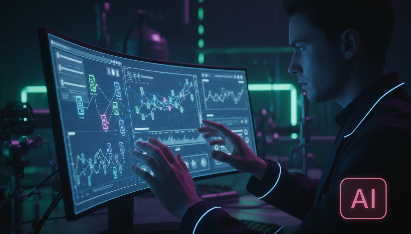 Mantenha-se Atualizado com Pesquisa Científica: Uma Abordagem Inteligente — Close-up das mãos de um pesquisador trabalhando em um monitor ultrawide. O monitor exibe uma interface de usuário complexa c