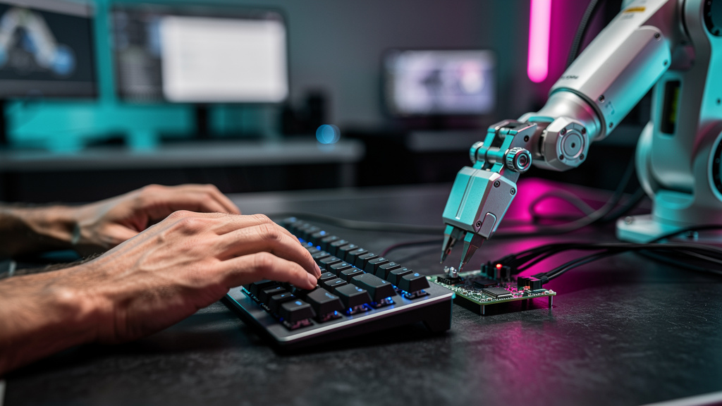 Mapa de Equipes Híbridas de IA e Humanos — Close-up de mãos humanas digitando em um teclado ao lado de um braço robótico realizando uma tarefa delicada de montagem. A cena é iluminada por uma luz suav