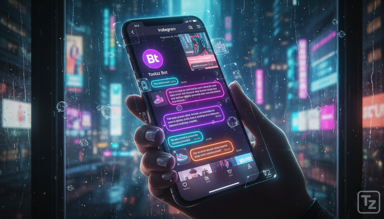 Mapa de IA para Instagram: principais tendências — Uma tela de celular mostrando uma conversa de um chatbot no Instagram. O chatbot, identificado com o logo da Toolzz, está respondendo a perguntas de 