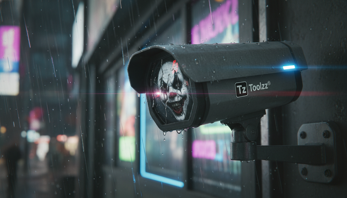 Maquiagem Juggalo: Uma Surpreendente Defesa Contra Reconhecimento Facial — Um close-up de um sistema de câmeras de vigilância em um ambiente urbano noturno. Gotas de chuva distorcem a lente da câmera,