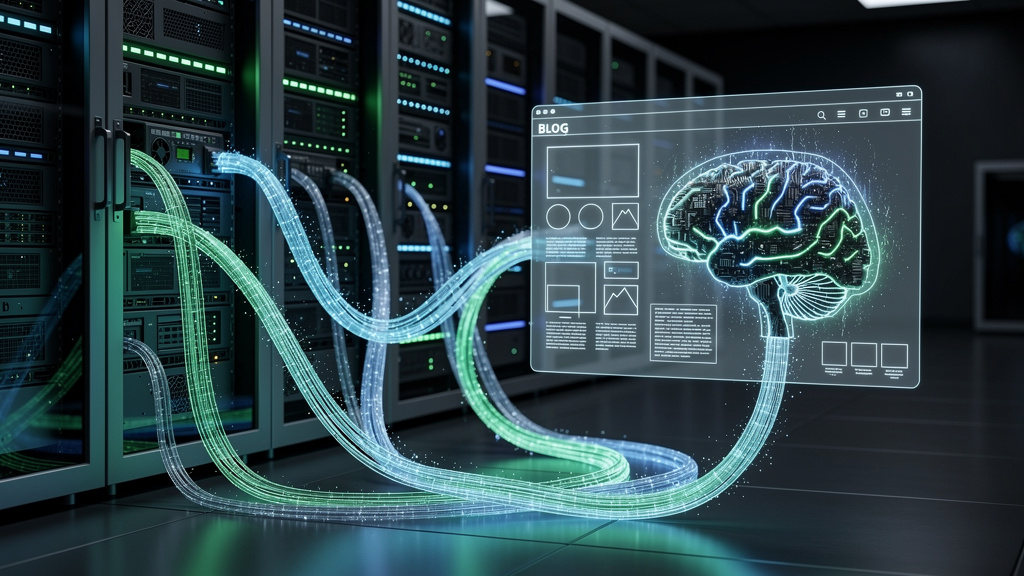 Marketing de Conteúdo Sem Redatores: Blog com IA para E-commerce — Diagram illustrating how LLMs crawl and index a blog. Depict a stylized server room with glowing cables representing data flow. One c