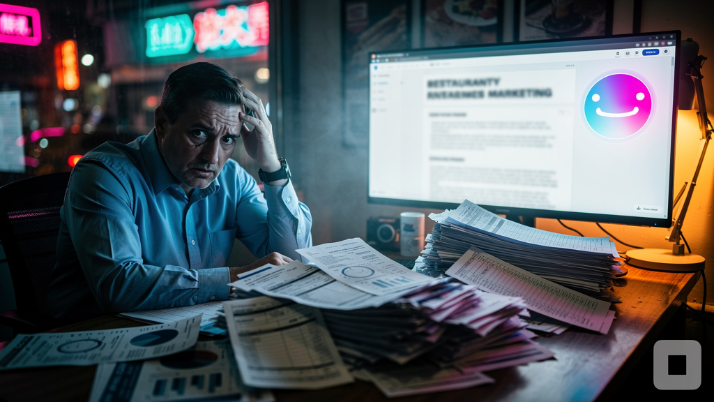 Marketing de Conteúdo sem Redatores: Domine o Google com IA — Um proprietário de restaurante, com expressão de preocupação, cercado por pilhas de papéis com contas e orçamentos. Uma tela de computador