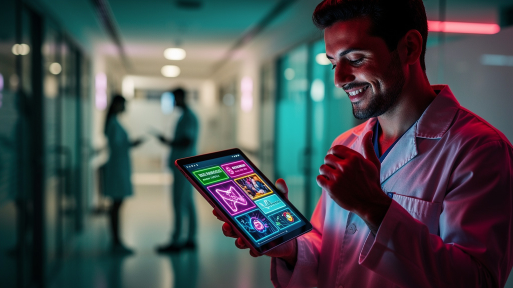 Marketing de Conteúdo sem Redatores: Escale sua Clínica! — Close-up de um médico usando um tablet para ler um artigo de blog sobre um novo tratamento. A tela do tablet exibe o logo da Toolzz no canto