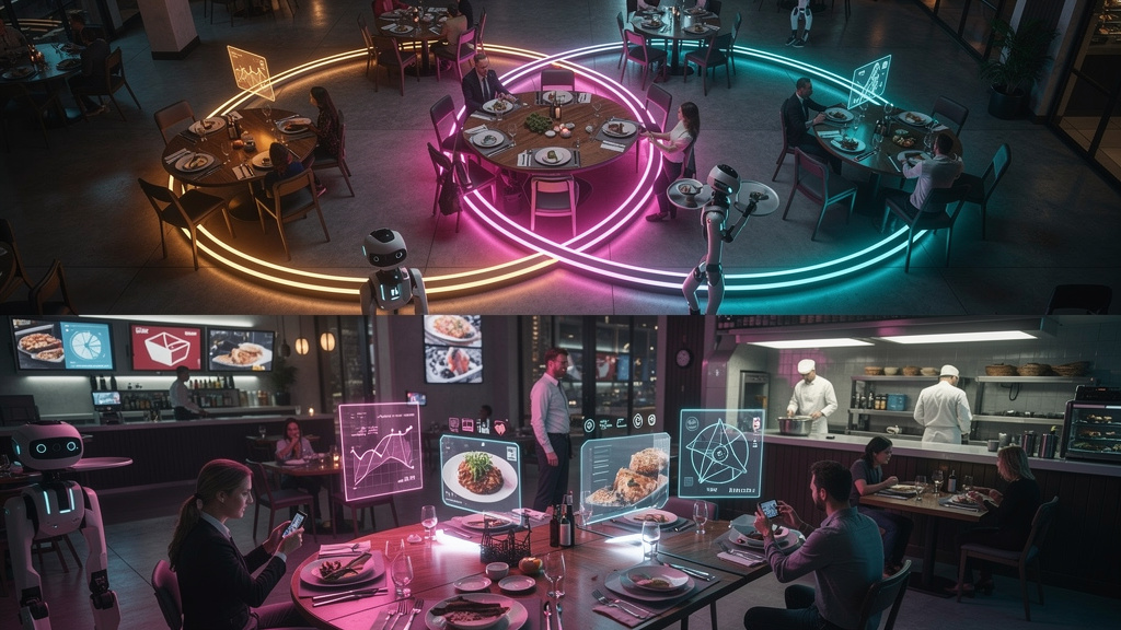 Marketing de Conteúdo Sem Redatores: O Guia para Restaurantes — Visão aérea de um restaurante com mesas dispostas em forma de diagrama de Venn. Um dos círculos representa 'Conteúdo Tradicional', outro