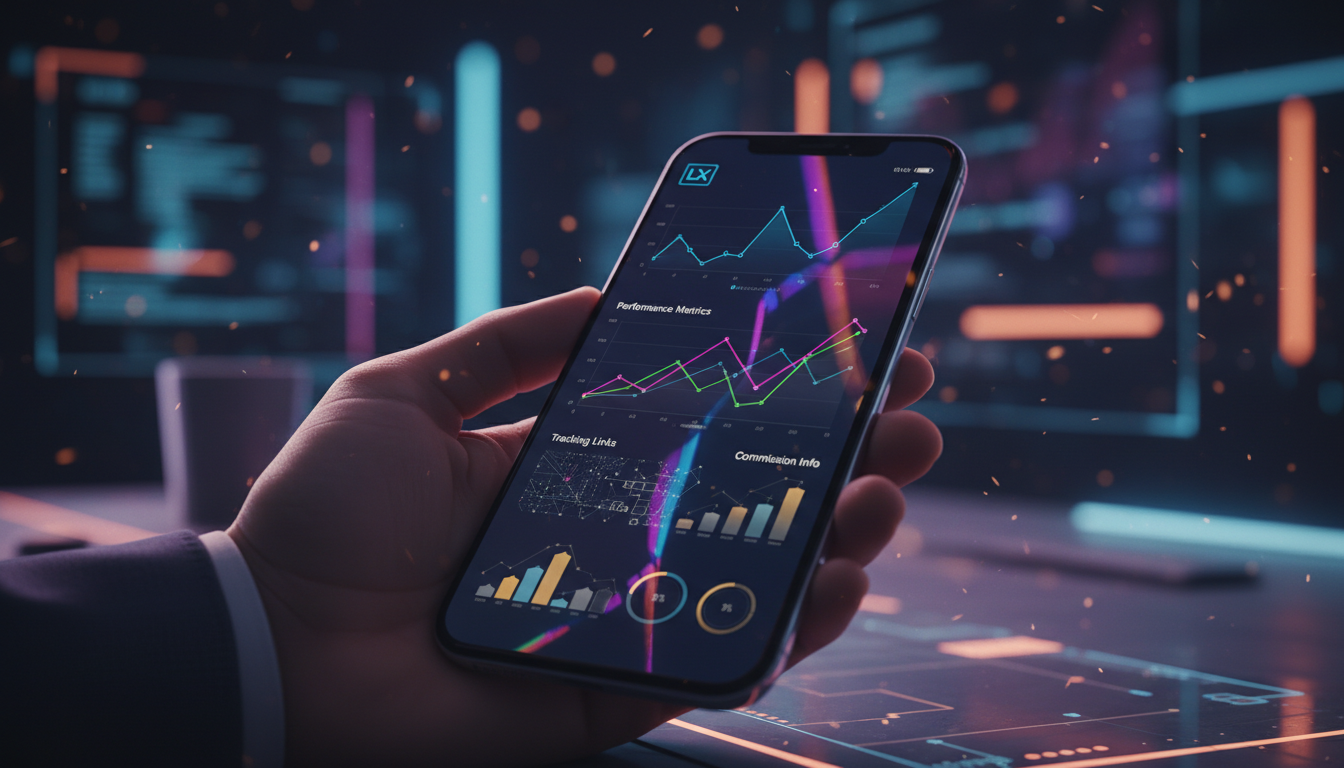 Matriz de decisão: quando adotar afiliados em LXP? — Close-up de um smartphone exibindo uma interface de plataforma LXP com um painel de controle de afiliados. Gráficos de desempenho, links de rastrea