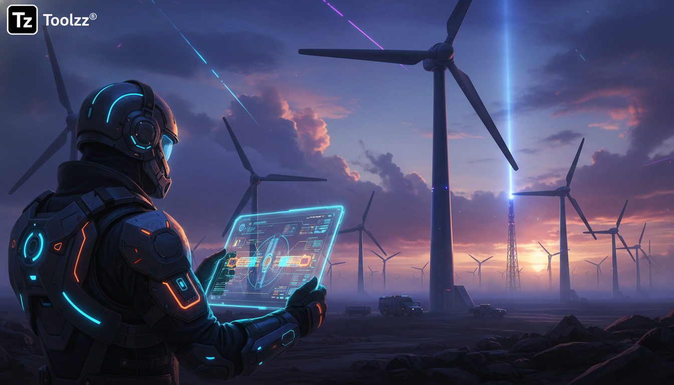 Matriz de decisão: quando adotar conteúdo offline em LXP? — Ilustração digital mostrando um técnico de manutenção em um campo eólico remoto, usando um tablet para acessar um manual de treinamento da T